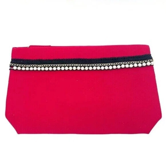 EUC Size Medium Lancôme Pearl Decorative Top-zip Makeup Case/Cosmetic Bag In Red - Picture 1 of 9